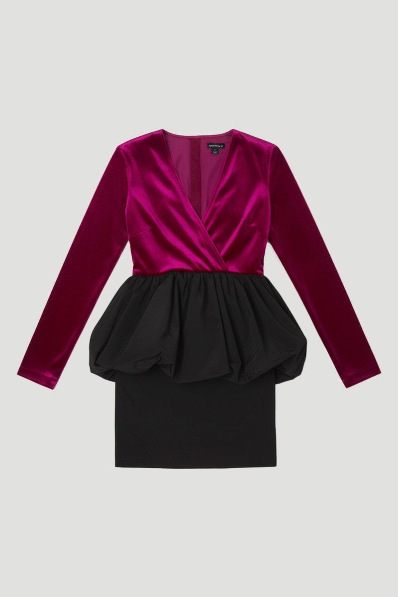Velvet Plunge Neck Taffeta Peplum Long Sleeve Mini Dress 4