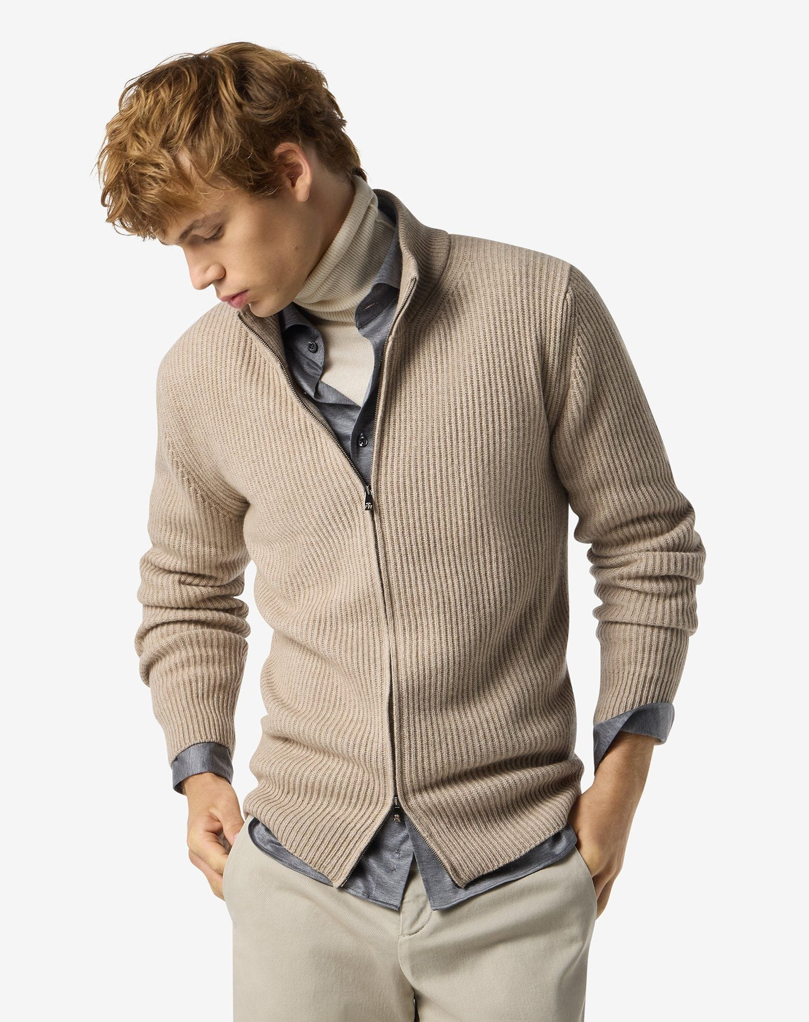 Beige full zip cashmere blend jumper - 2
