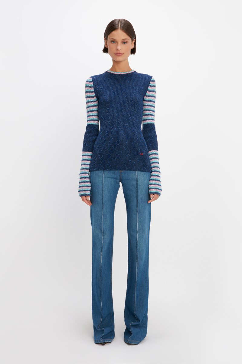 Victoria Beckham Crew Neck Jumper in Blue Stripe outlook