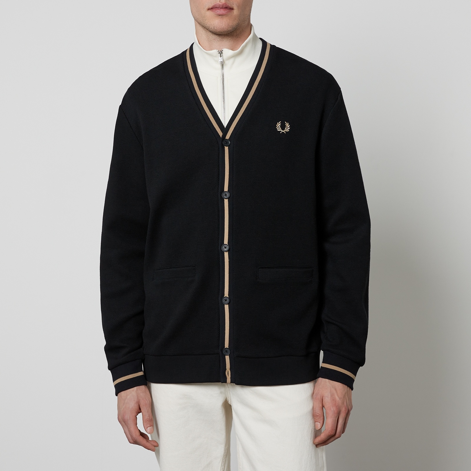 Fred Perry Men's Tipped Pique Cardigan - Black/Warm Stone - 1