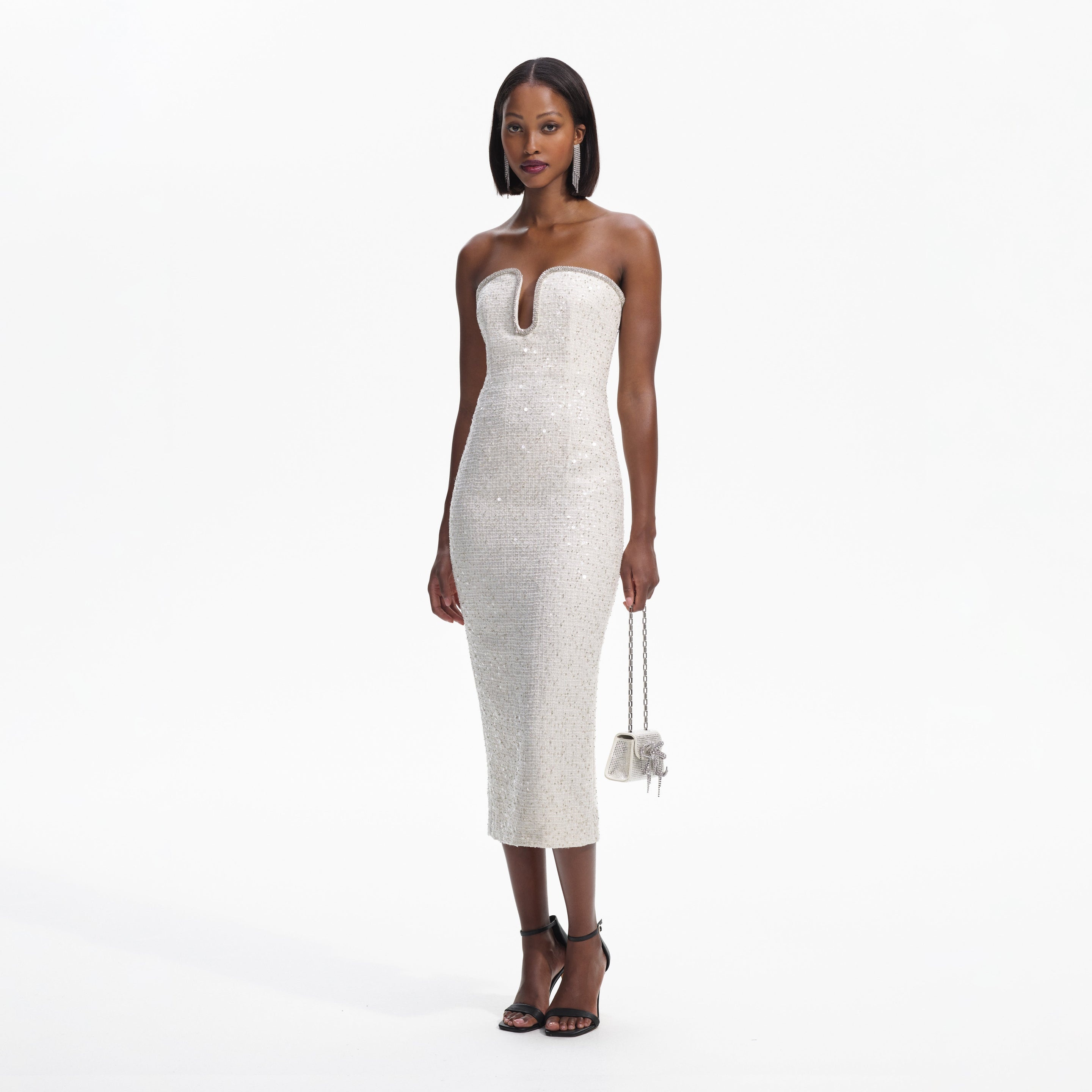 Cream Sequin Boucle Strapless Midi Dress - 2