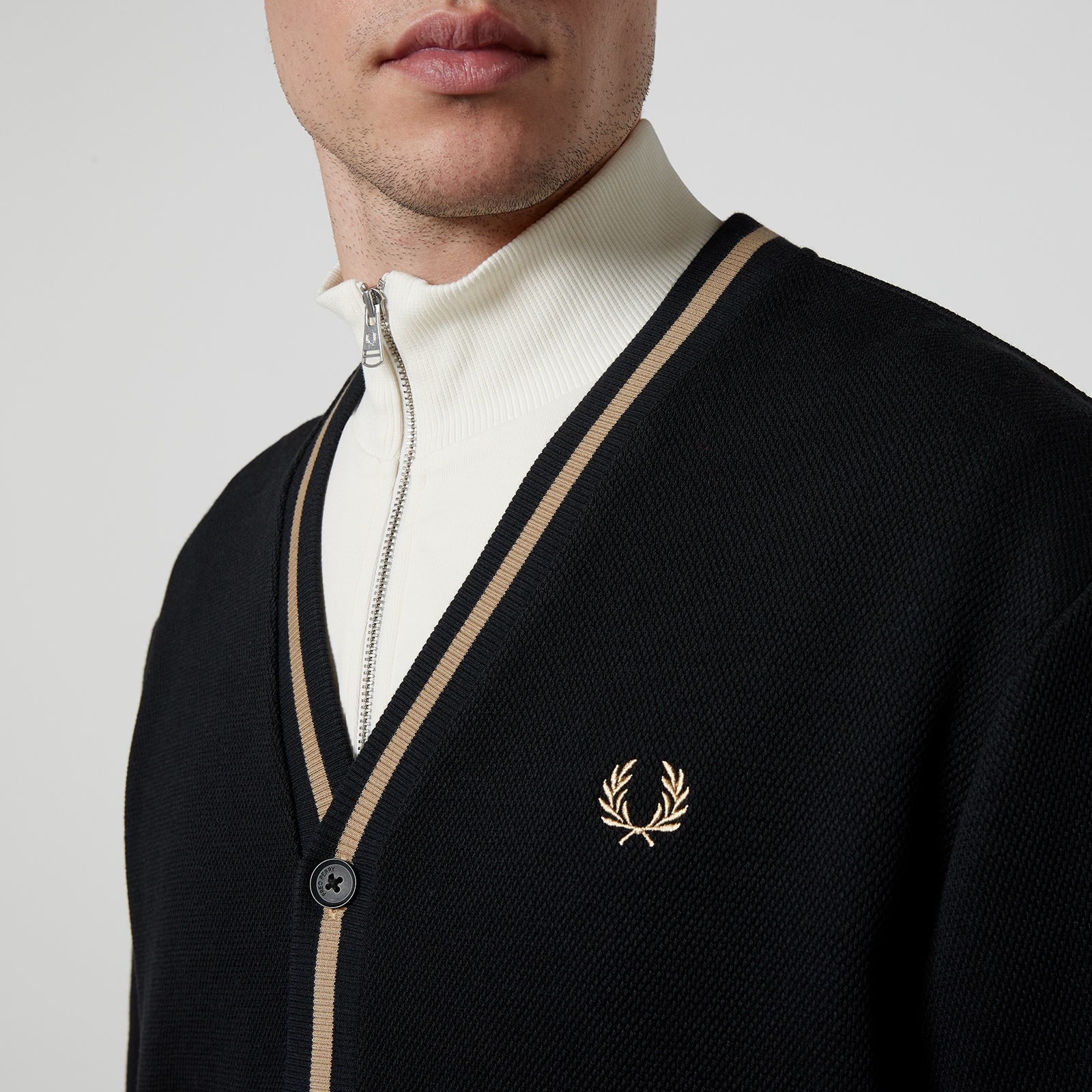 Fred Perry Men's Tipped Pique Cardigan - Black/Warm Stone - 4