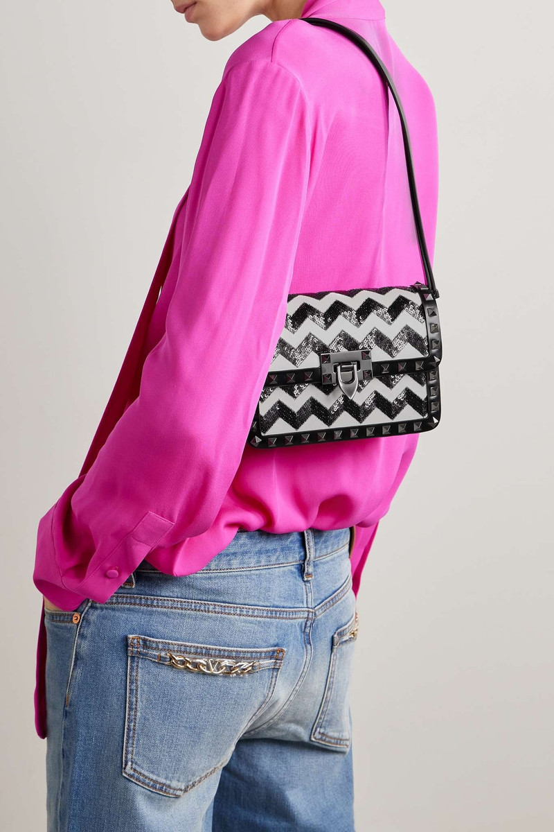 Valentino Rockstud small sequin-embellished two-tone leather shoulder bag outlook