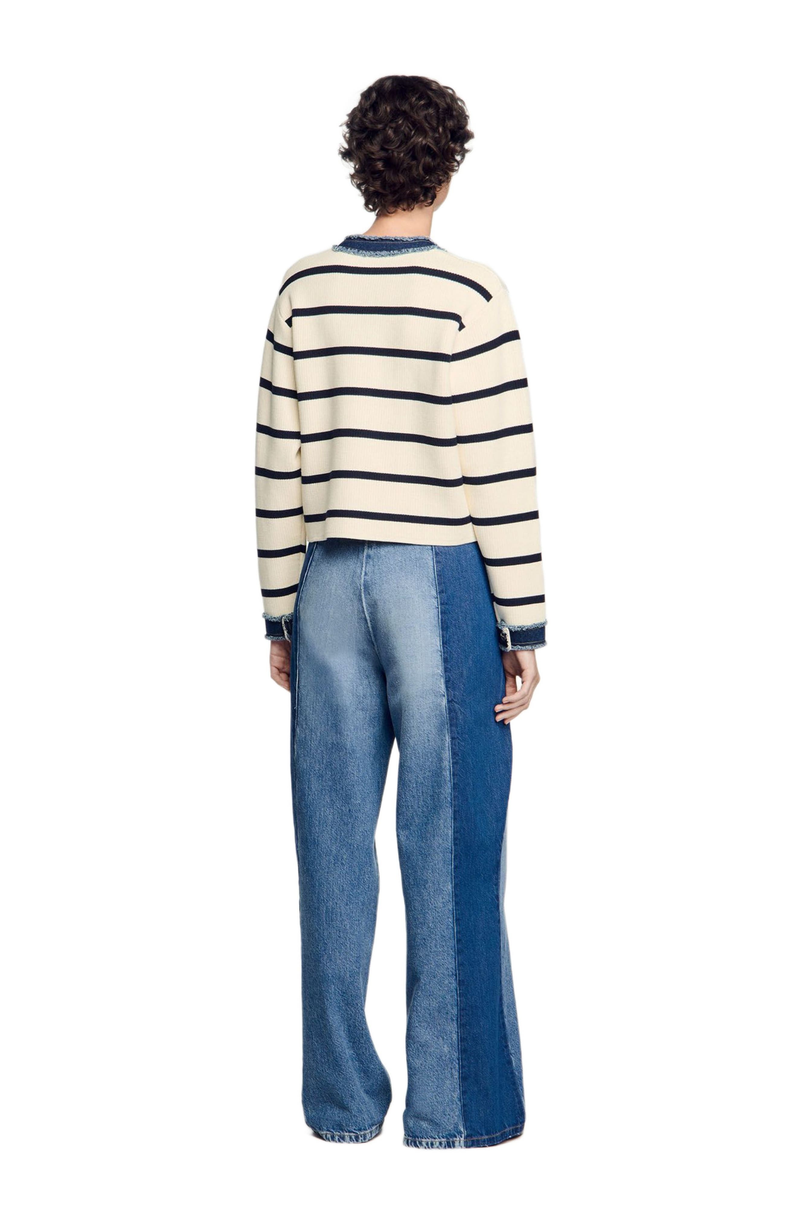 SANDRO Stripy cardigan with denim details in Ecru at Nordstrom - 2