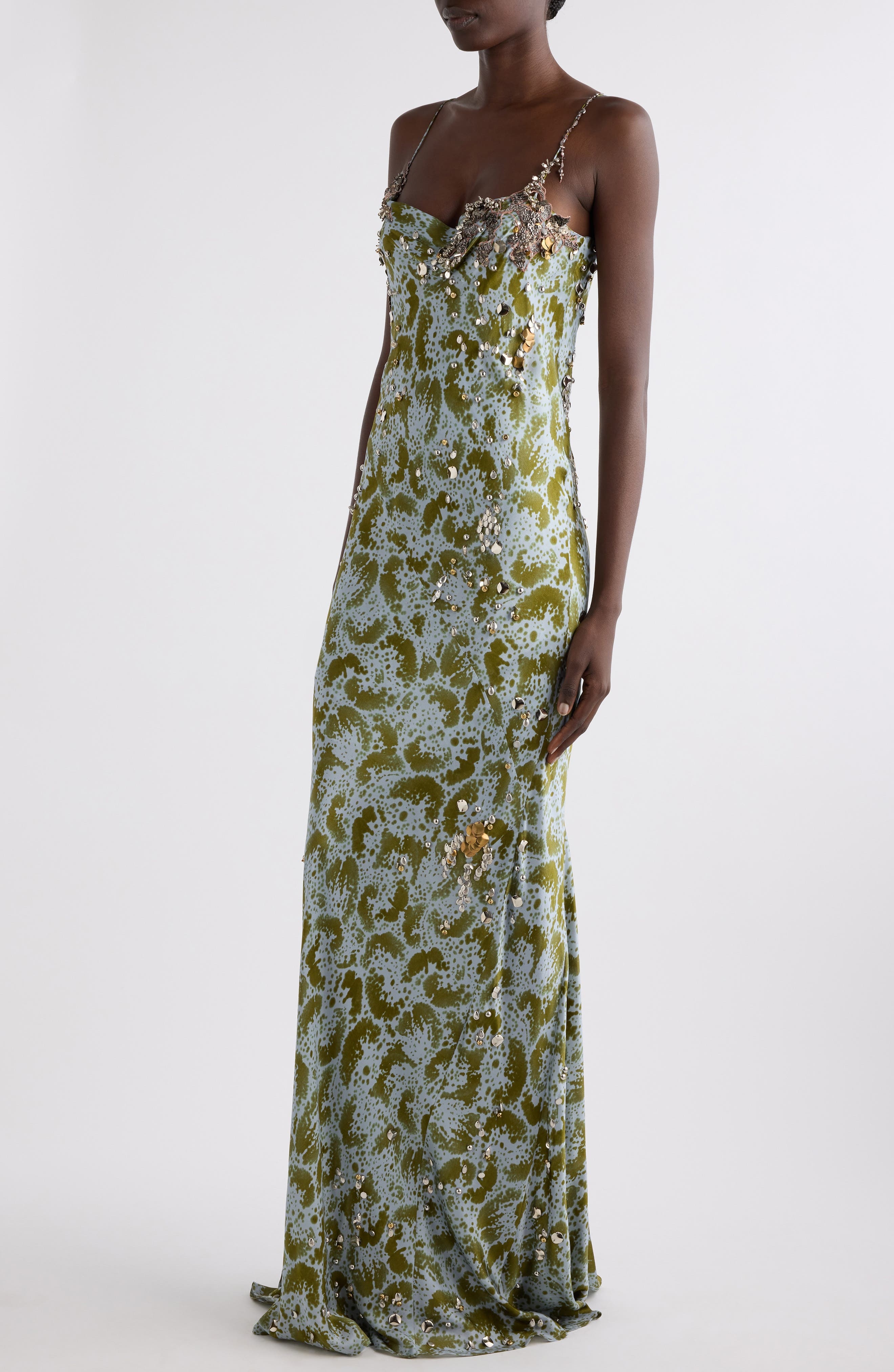 Dries Van Noten Deryl Orchid Petal Print Embellished Silk Column Gown in Khaki at Nordstrom - 4