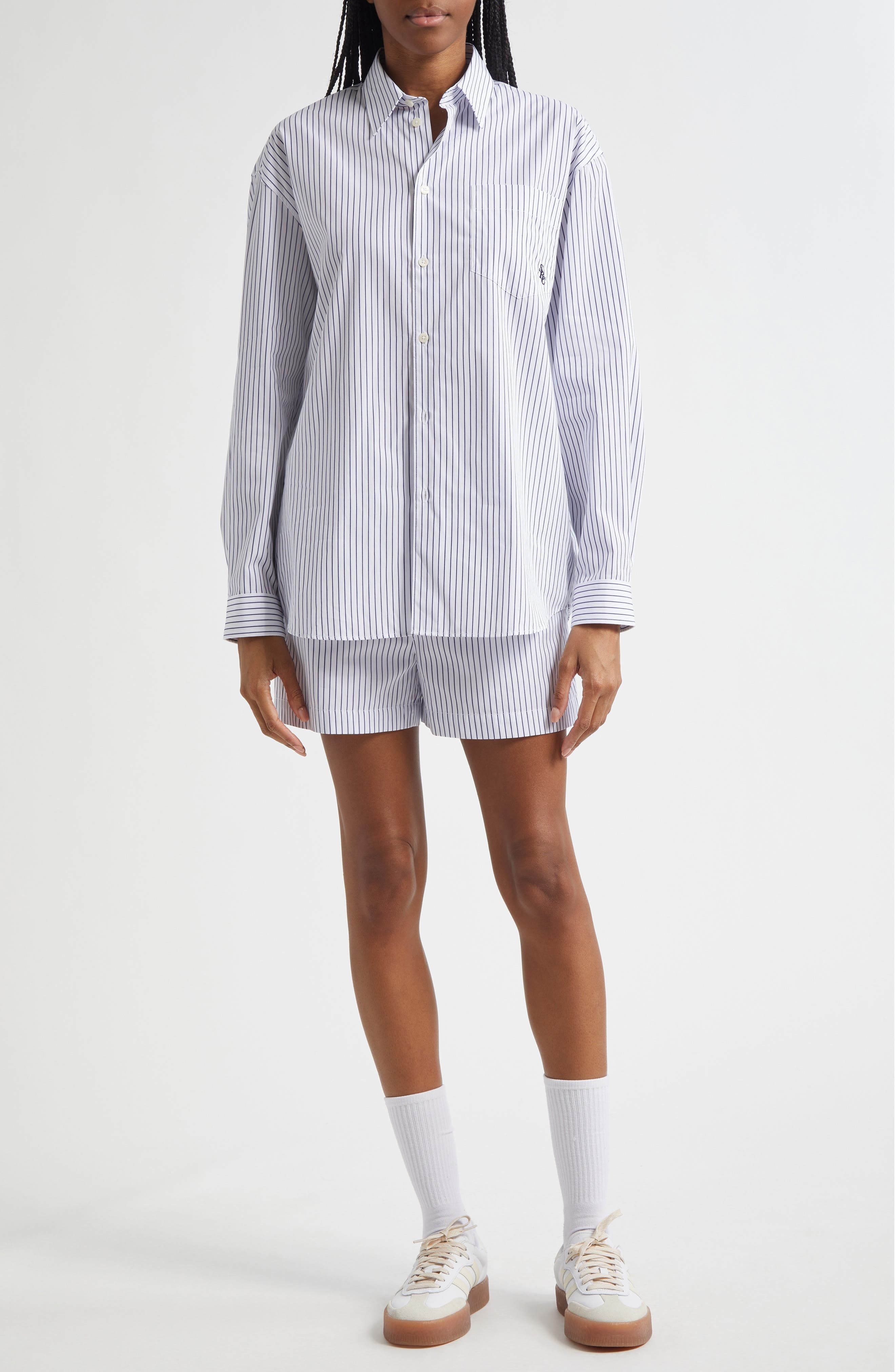 Sporty & Rich SRC Embroidered Stripe Poplin Shorts in Navy at Nordstrom - 2