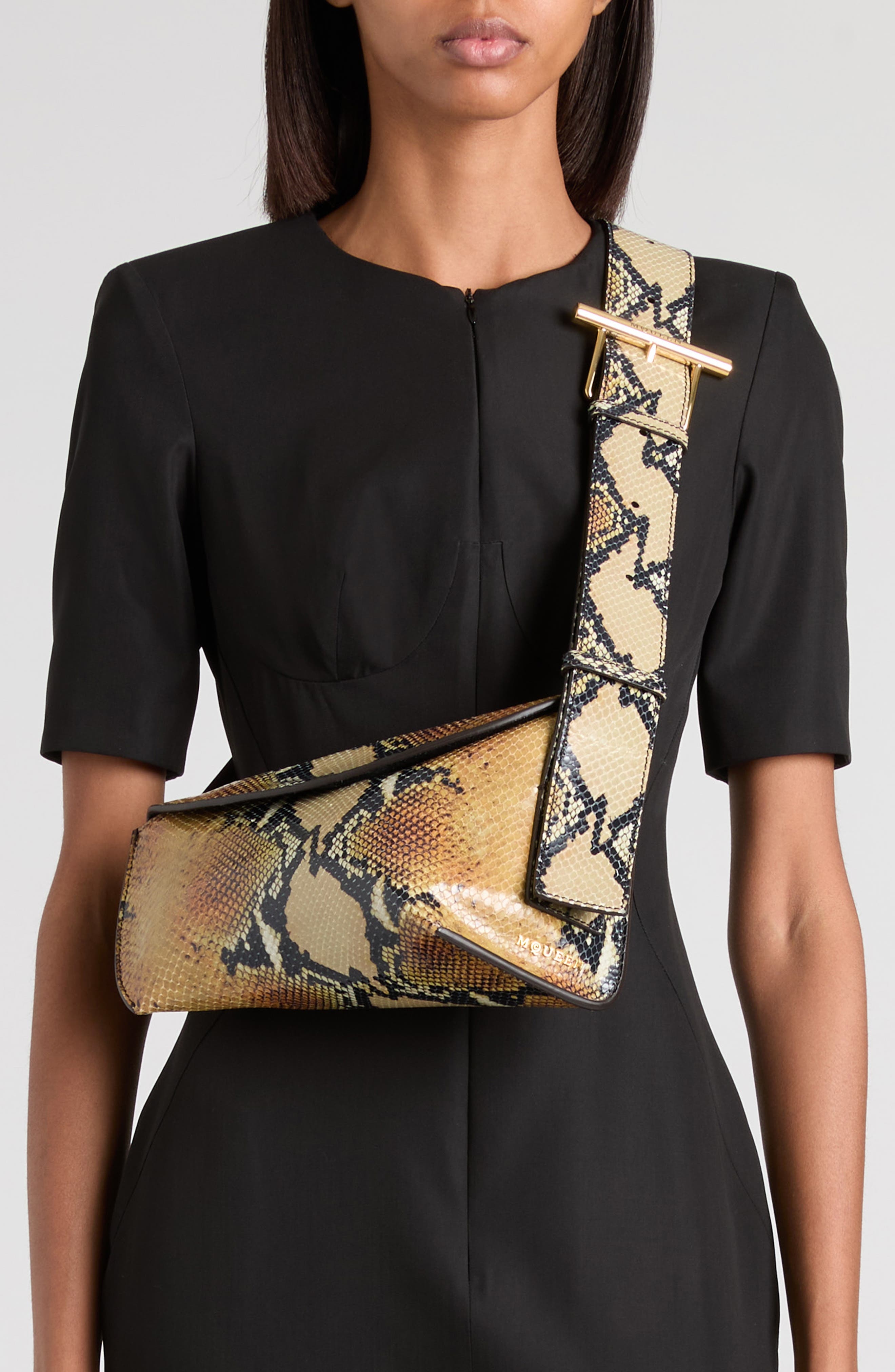 McQueen T-Bar Sling Python Embossed Leather Crossbody Bag in Brown/Gold at Nordstrom - 2