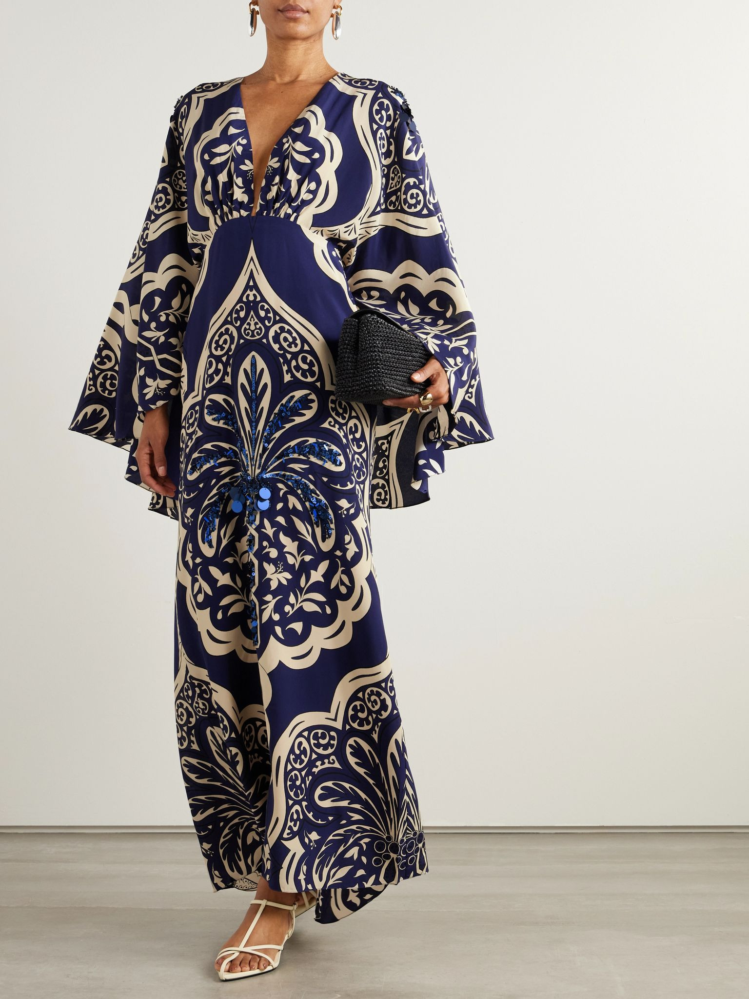 Cape-effect embellished printed silk-crepe maxi dress Navy - 2
