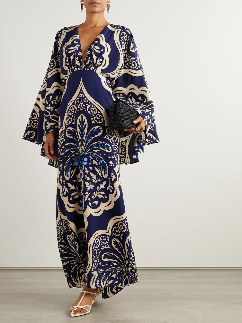 Johanna Ortiz Cape-effect embellished printed silk-crepe maxi dress Navy outlook