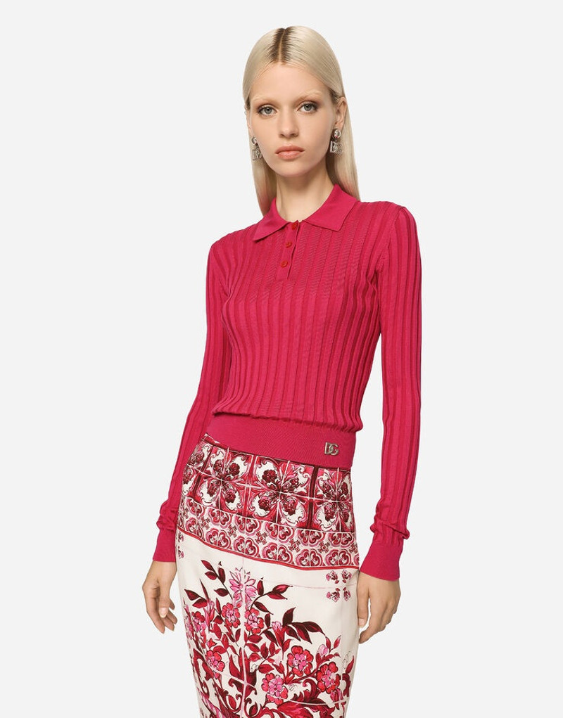 Cropped polo shirt in ribbed silk 4