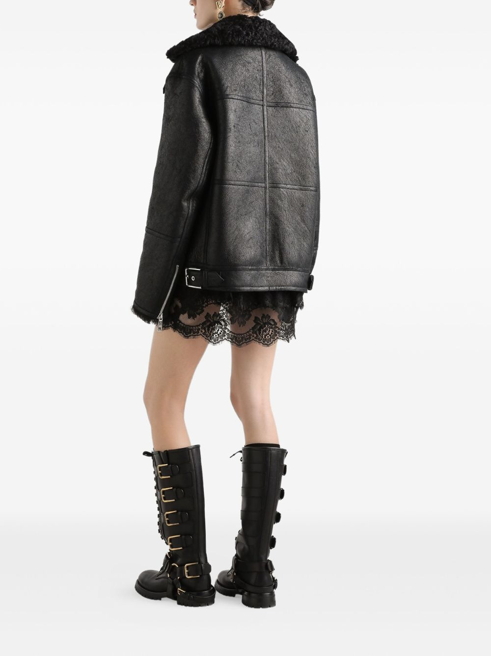shearling-collar leather jacket - 3