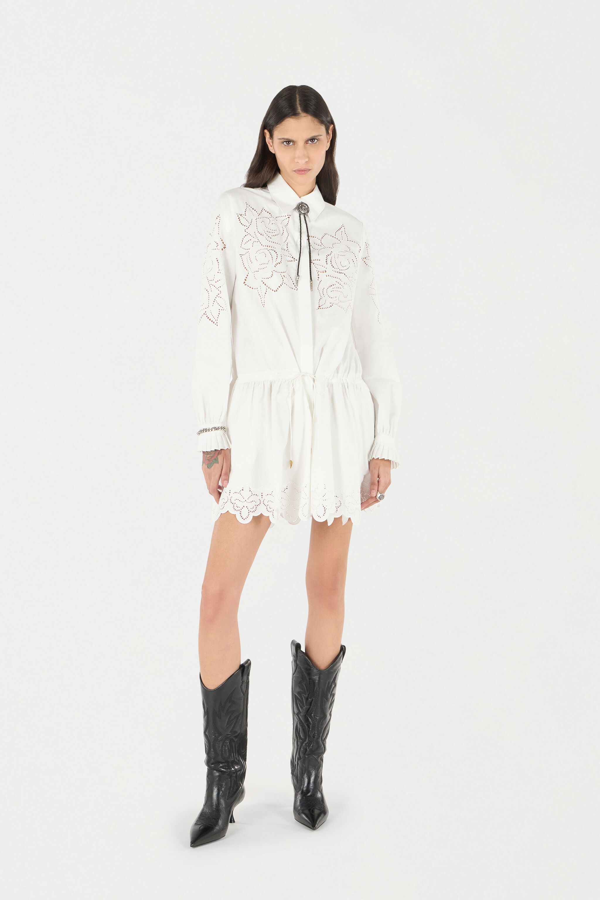 Mini Shirt Dress With Perforated Roses - 2