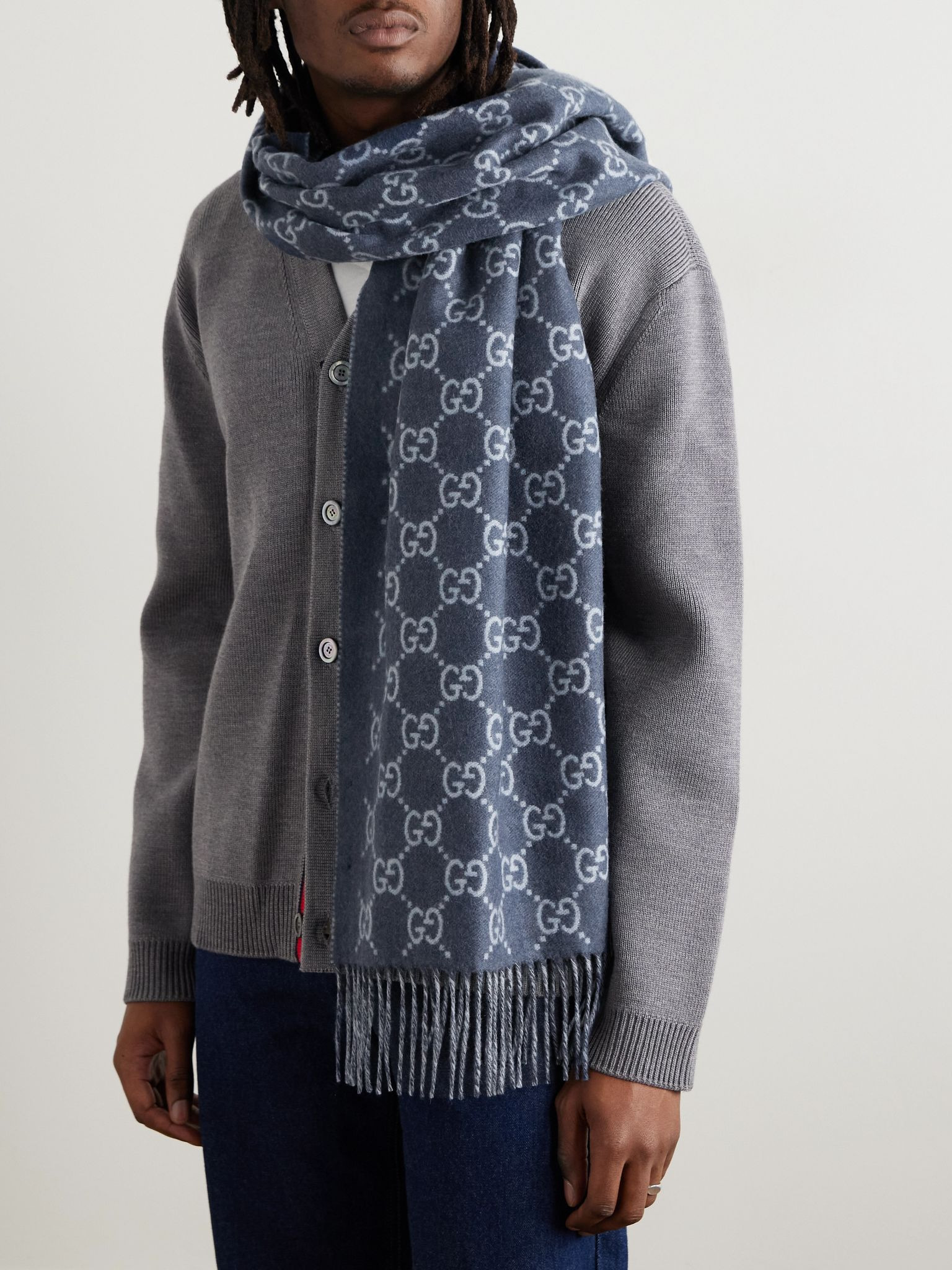 Fringed Logo-Jacquard Cashmere Scarf Blue - 2