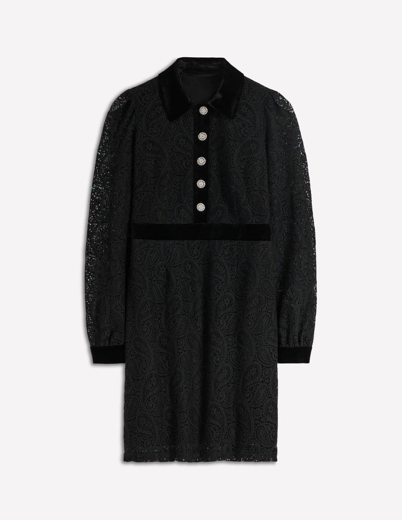 Collar Button Lace Dress-Black 1
