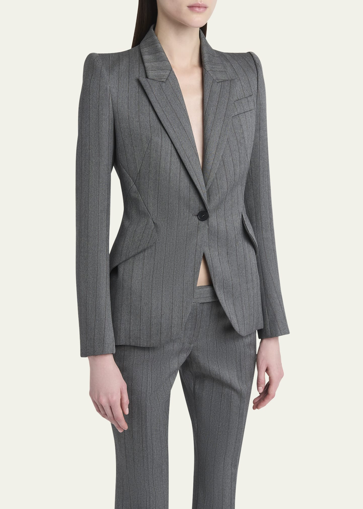 Herringbone Striped Single-Breasted Blazer Jacket - 4