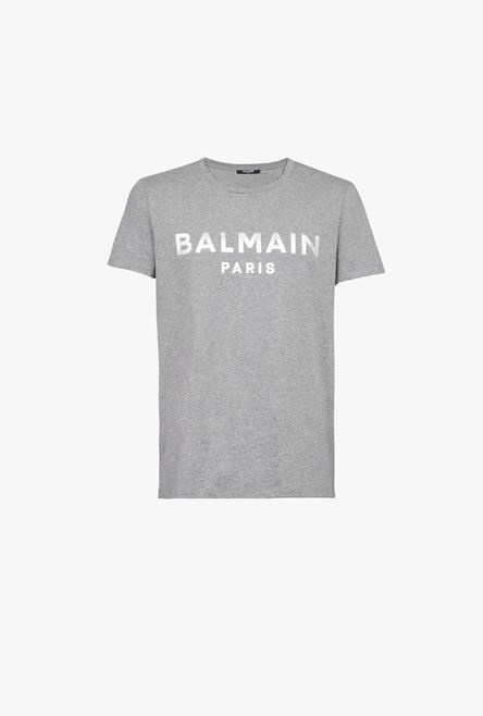 Heather gray eco-designed cotton T-shirt with silver Balmain Paris logo - 1