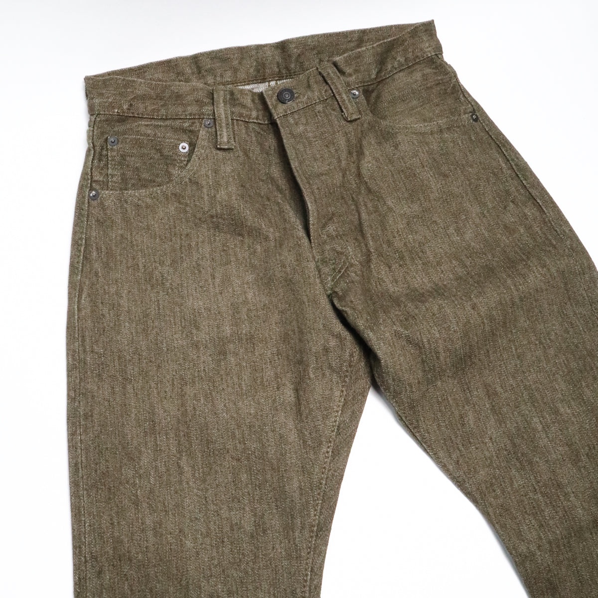 OL-14oz-019 14oz Selvedge Denim Relax Tapered Olive x White - 7