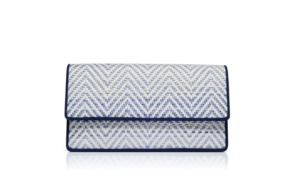 Navy Blue and White Raffia Clutch - 1