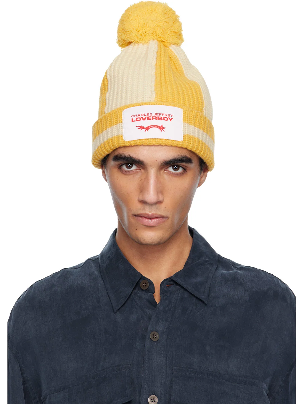 Yellow & Off-White Pompom Beanie - 1