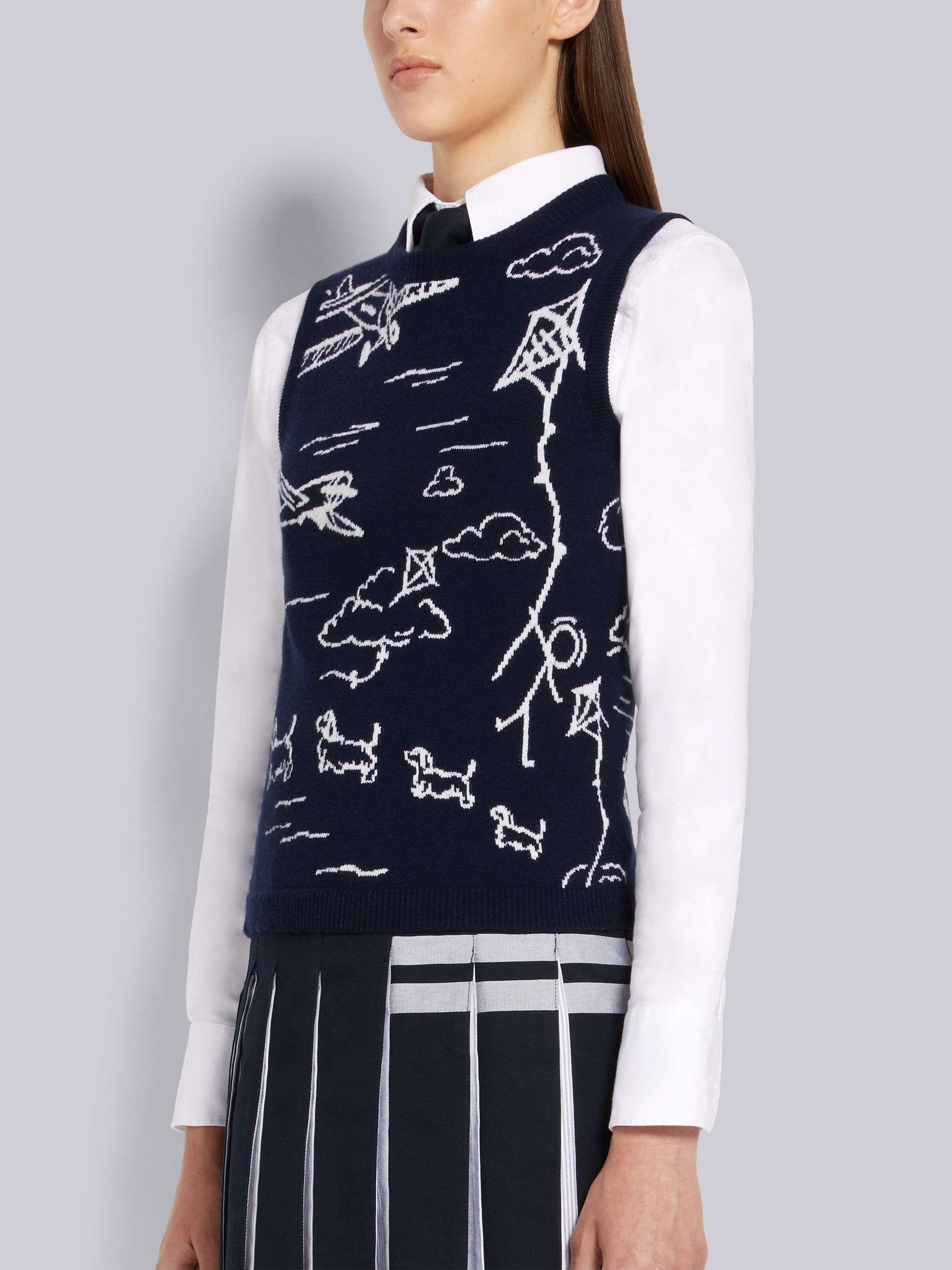 Navy Sky Toile Intarsia Cashmere Silk Lined Shell Top - 2