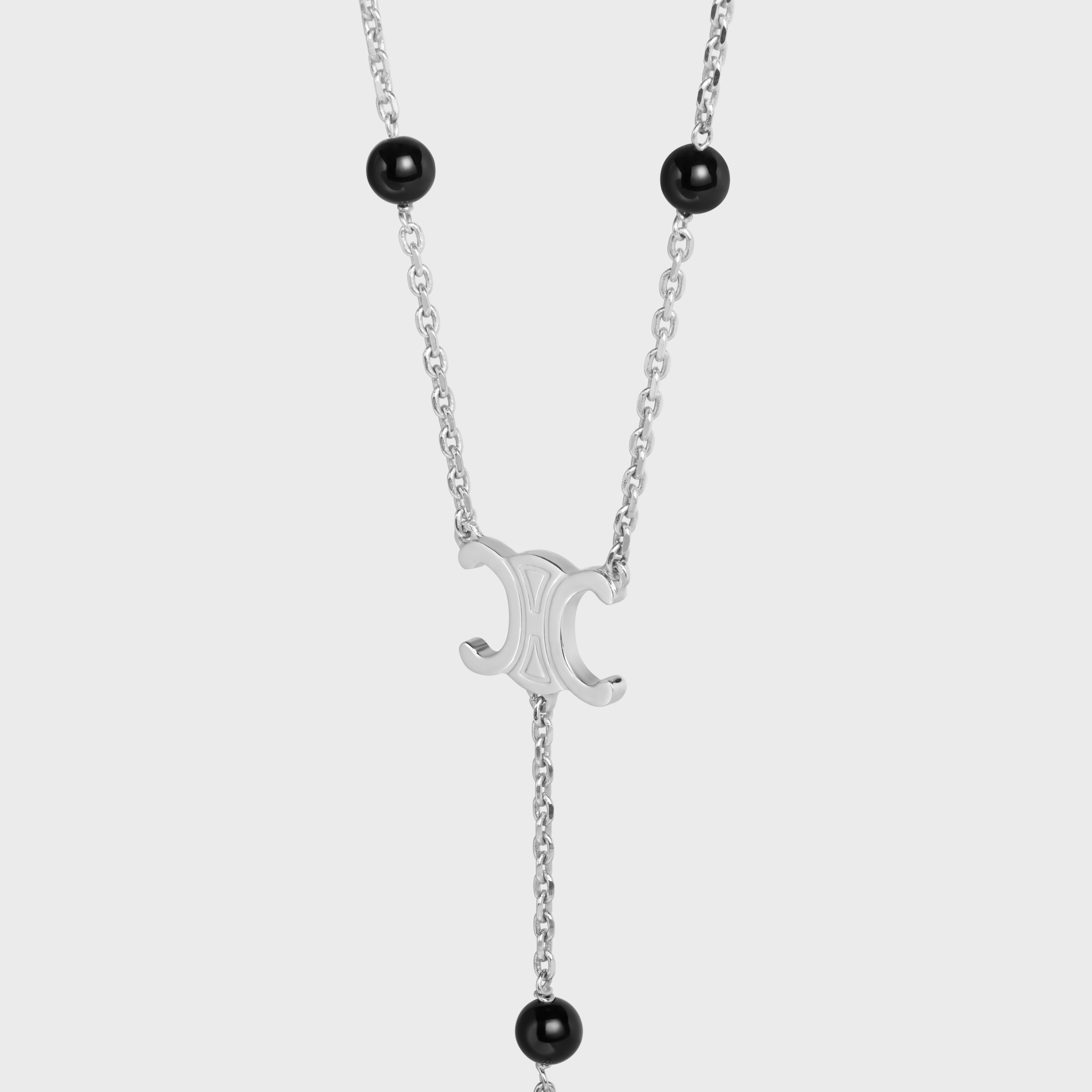Triomphe Long Necklace in Brass with Rhodium Finish and Onyx - 2