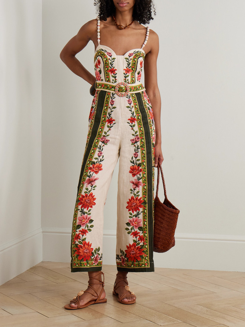 FARM RIO Wonder Rio Belted Embellished Printed Linen Jumpsuit outlook