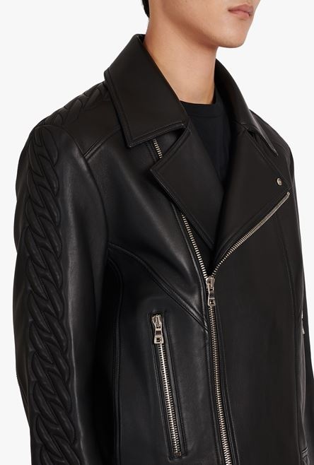 Black quilted leather biker jacket - 8