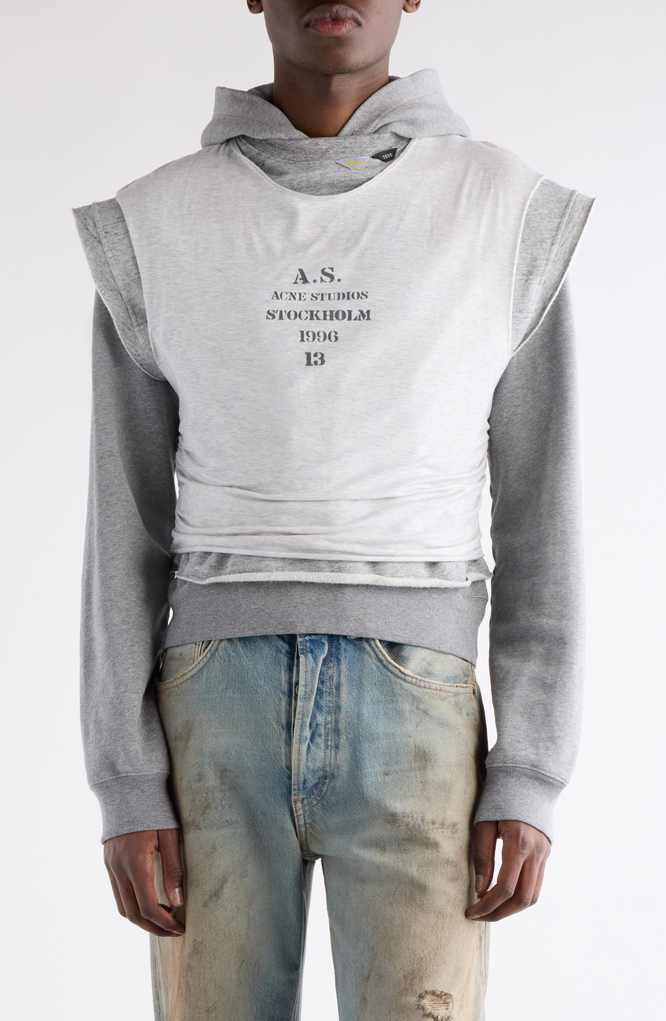 Acne Studios Frederico Stencil Logo Layered Hooded Sweatshirt in Grey Melange at Nordstrom - 1