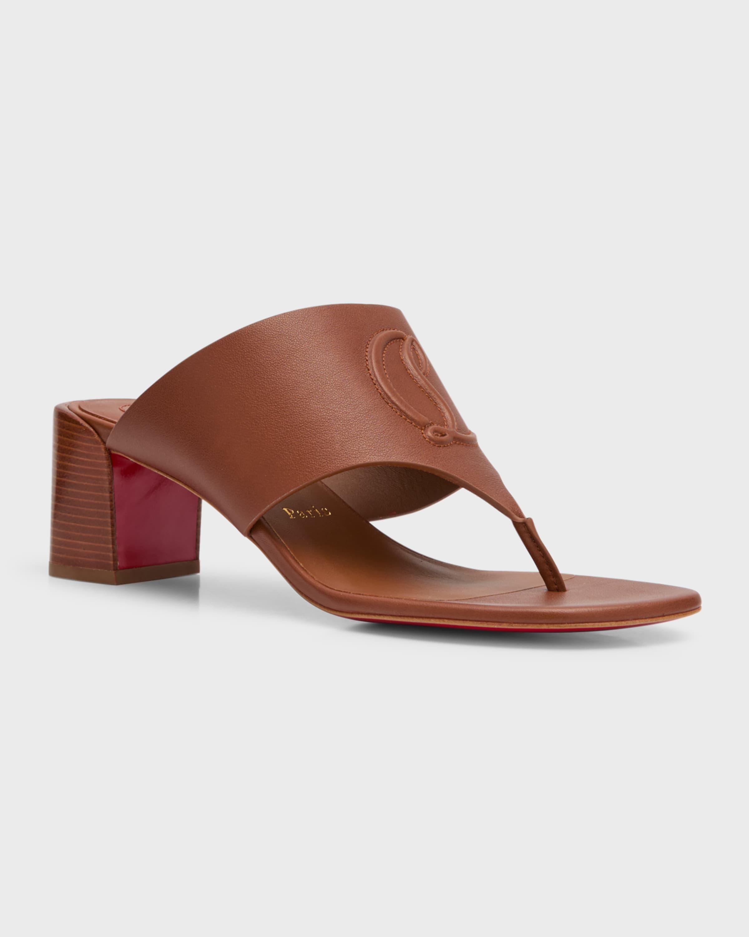 Christian Louboutin Leather Logo Red Sole Slide Sandals In Brown