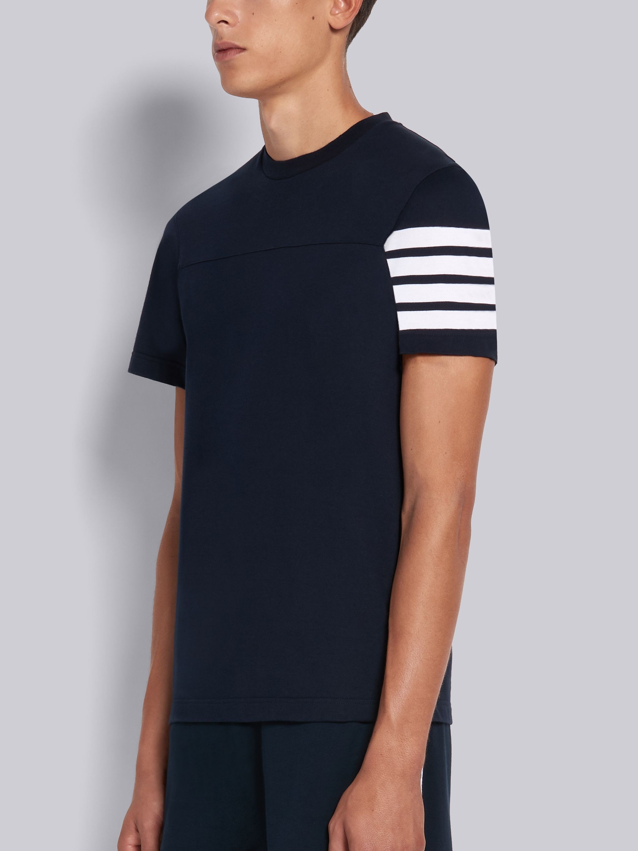 Navy Cotton Jersey 4-Bar Short Sleeve Yoke Seam Tee - 2