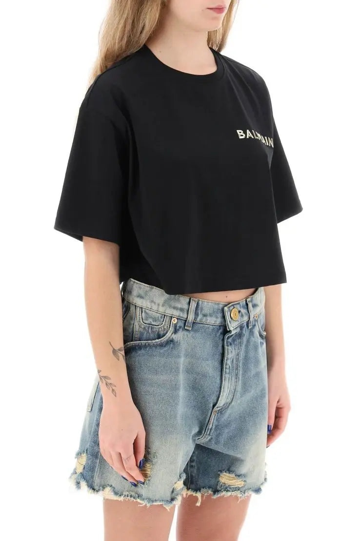 CROPPED T-SHIRT WITH METALLIC LOGO - 2