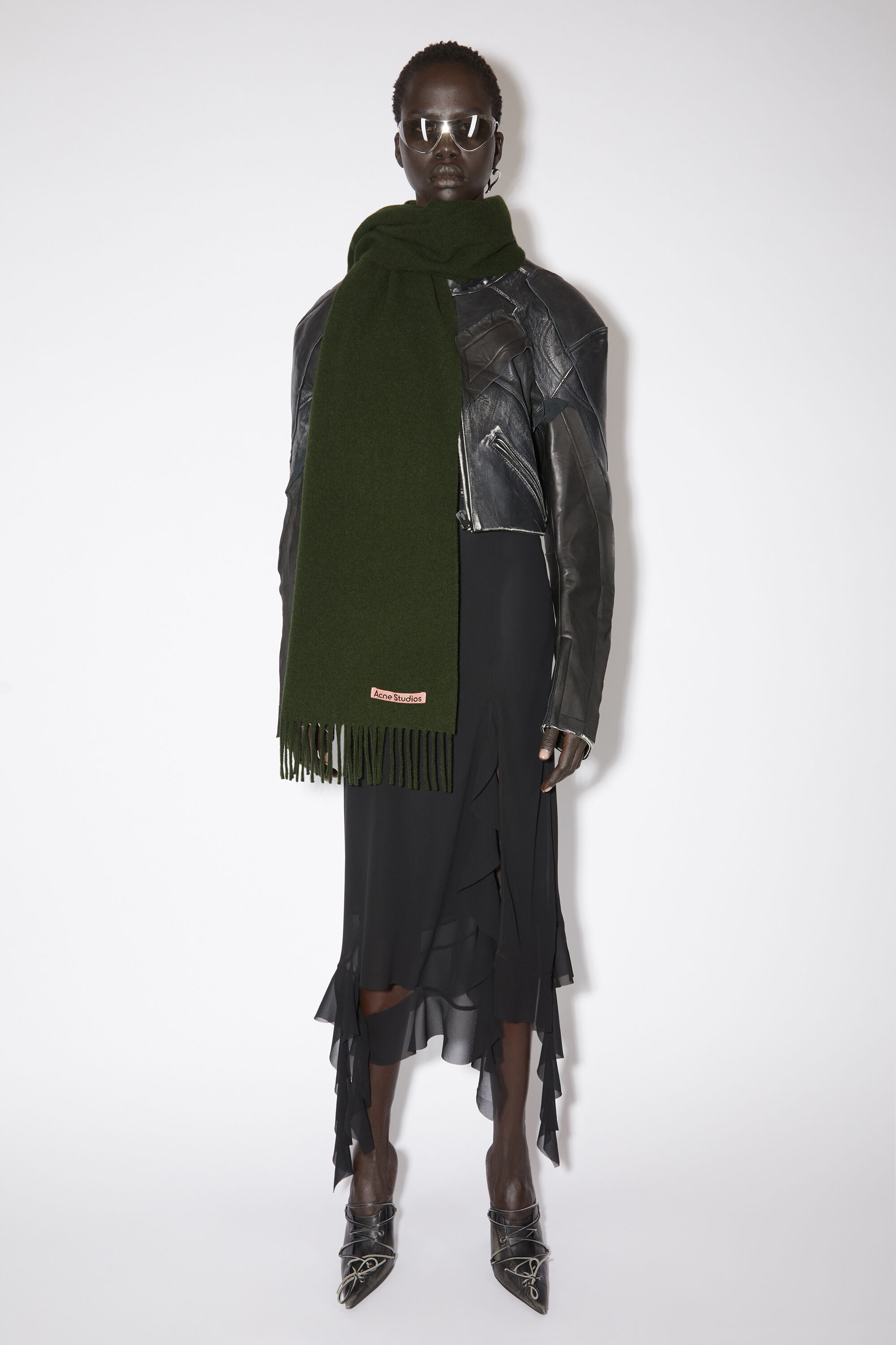Fringe wool scarf – Narrow - Wood Green Melange - 2