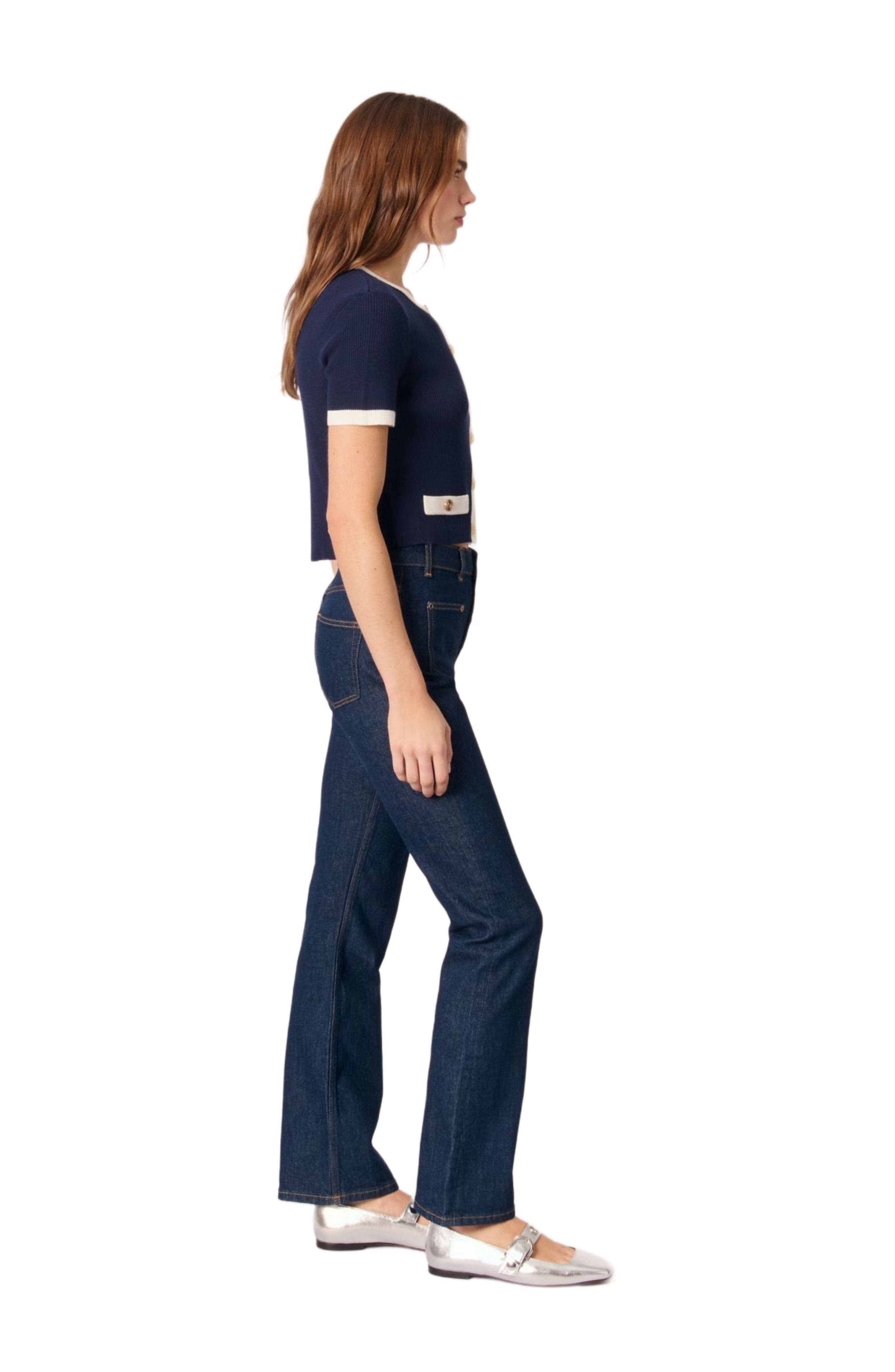 maje Cropped short sleeve cardigan in Navy /Ecru at Nordstrom - 4