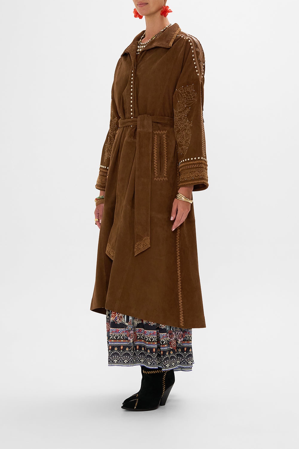 EMBROIDERED LONG SUEDE COAT - 4