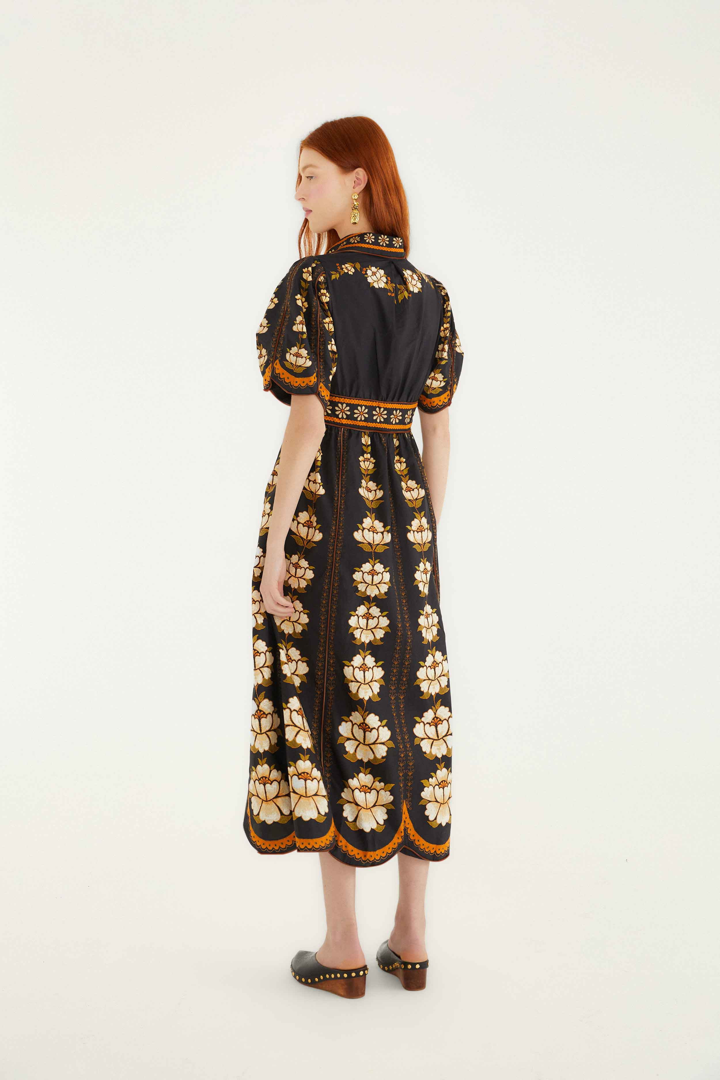 Black Embroidered Flowers Organic Cotton Midi Dress - 4