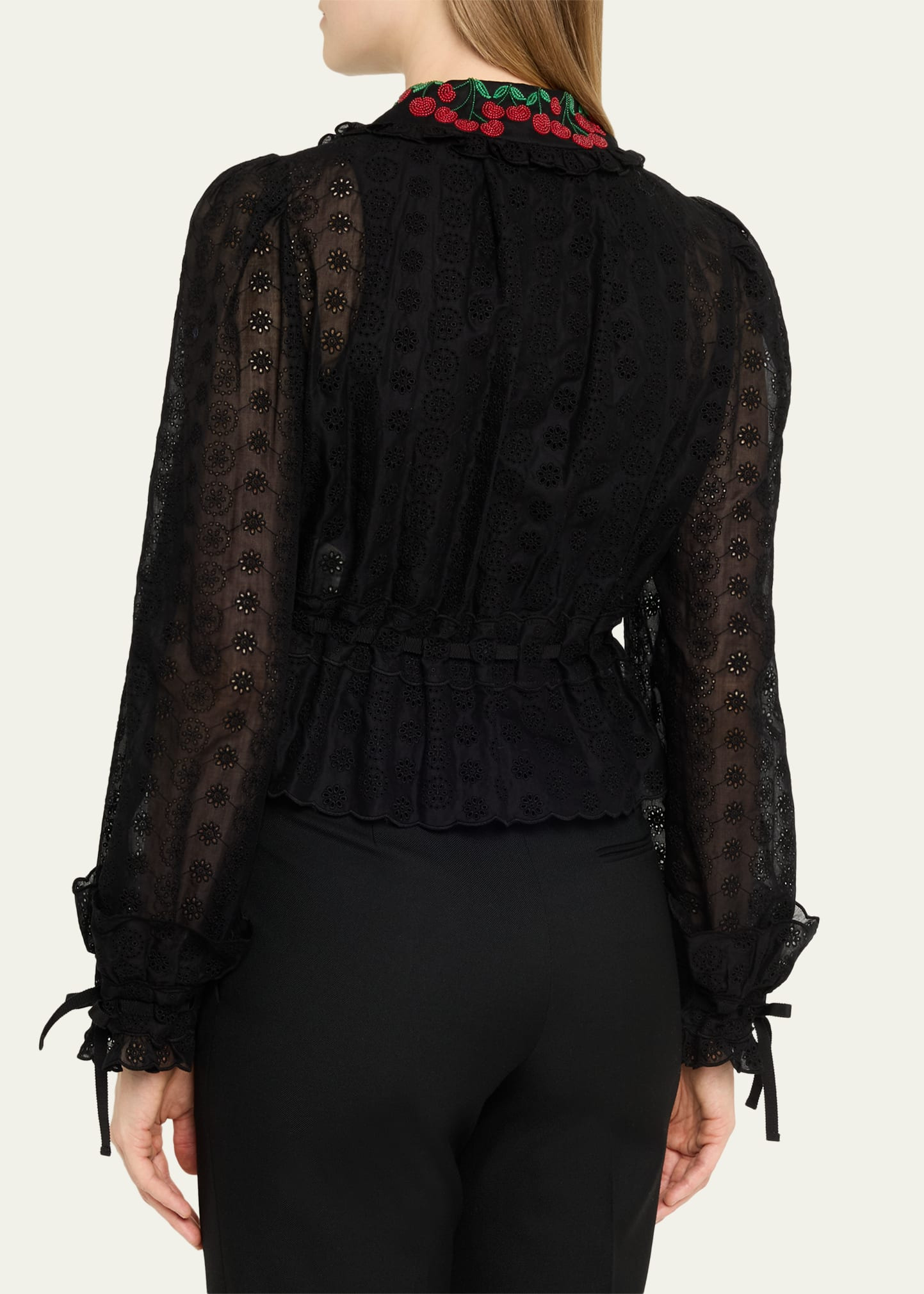 Cherry Embroidered Daisy Sangallo Self-Tie Blouse - 3