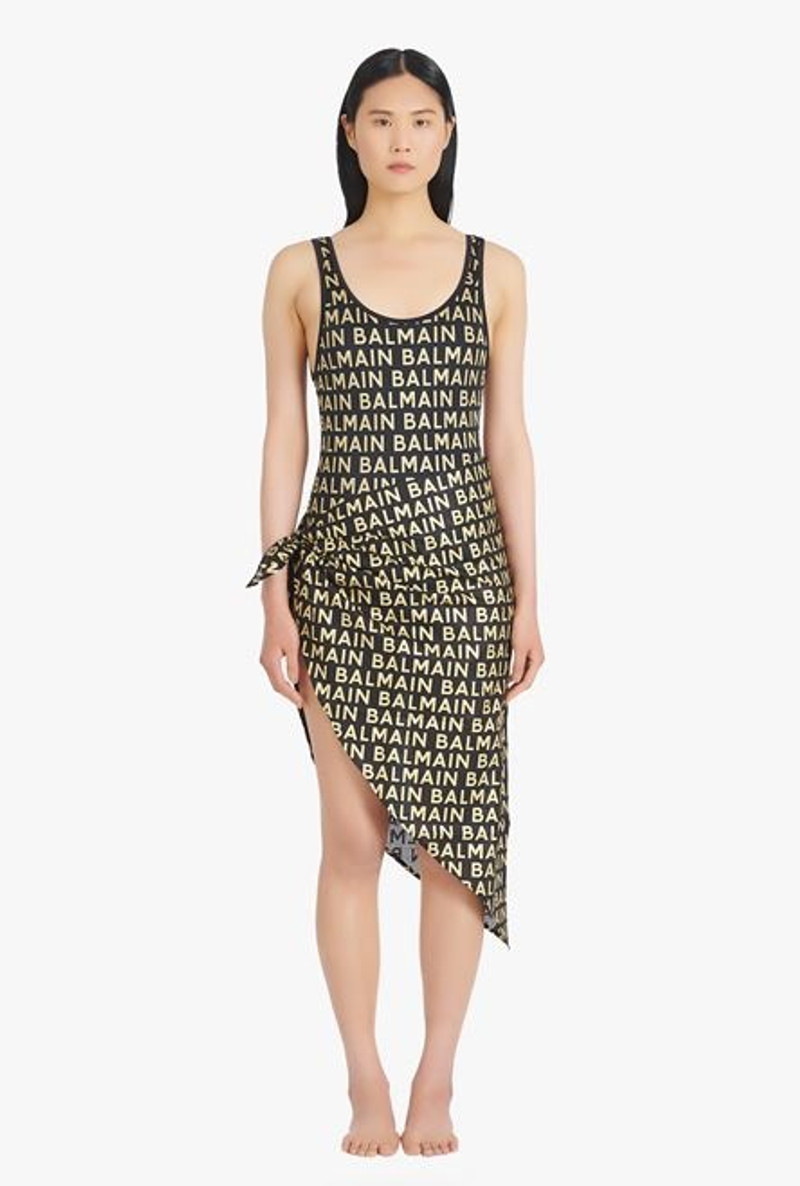 Black and gold cotton sarong with Balmain logo print 4