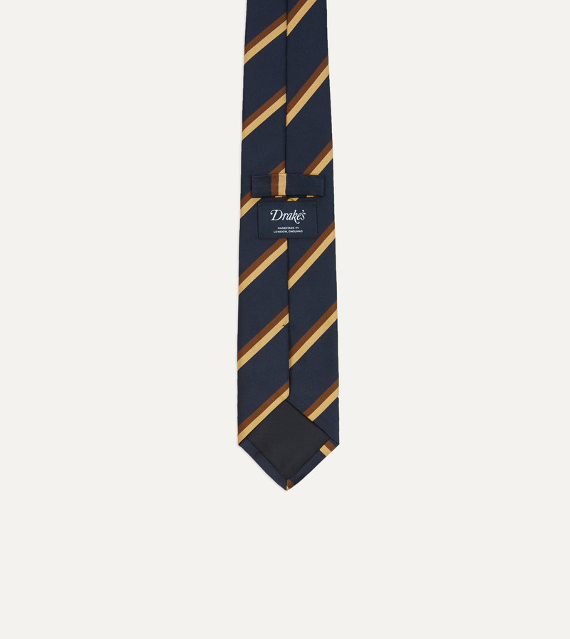 Gold, Navy and Brown Double Stripe Mogador Silk Tipped Tie 4