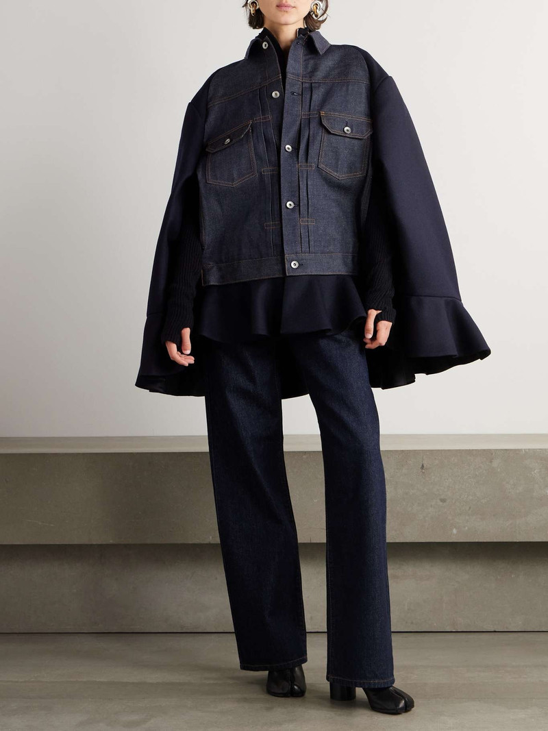 sacai Ruffled wool-felt and denim cape outlook
