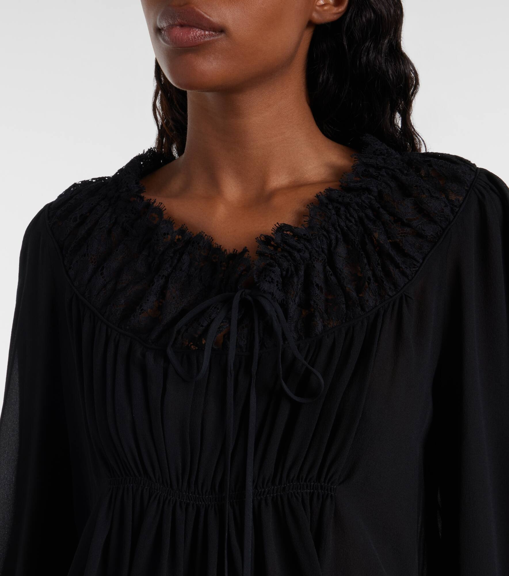 Gathered lace-trimmed silk georgette blouse - 4