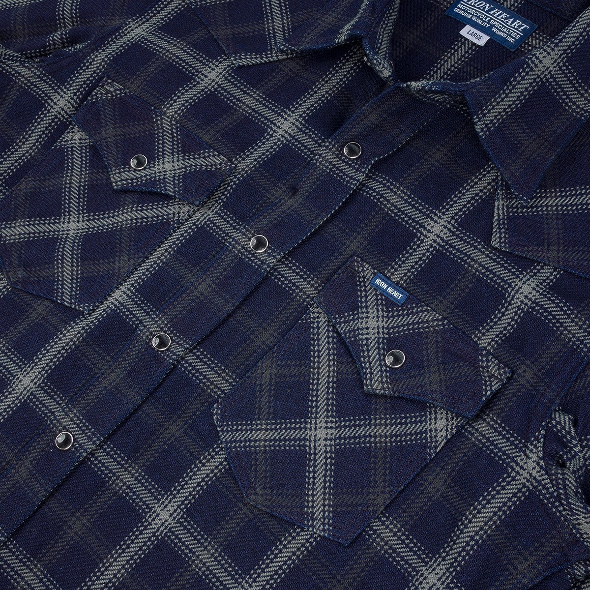 IHSH-411-BLK 9oz Selvedge Indigo Check Flannel Western Shirt Black - 3