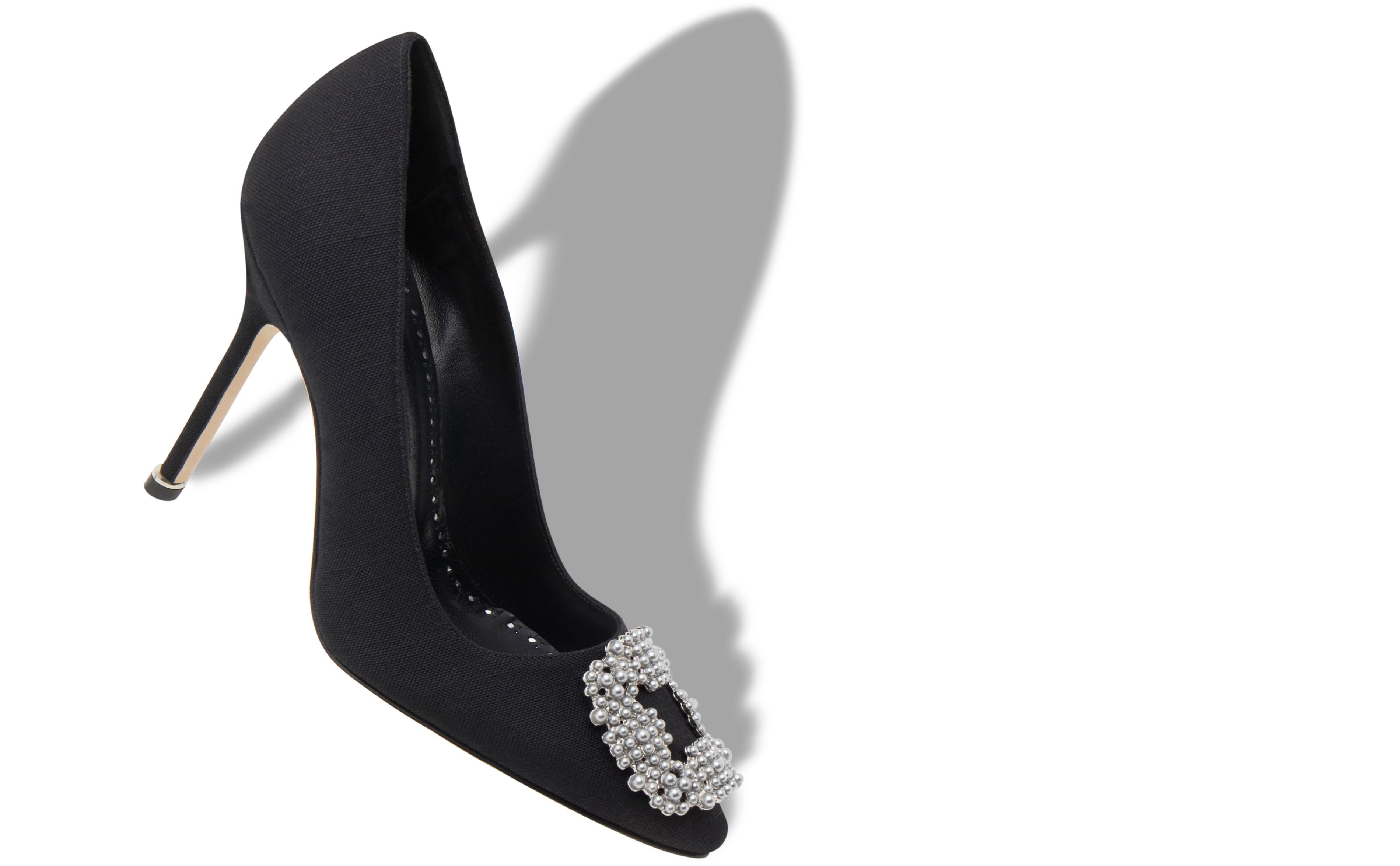 Black Linen Pearl Buckle Pumps - 2