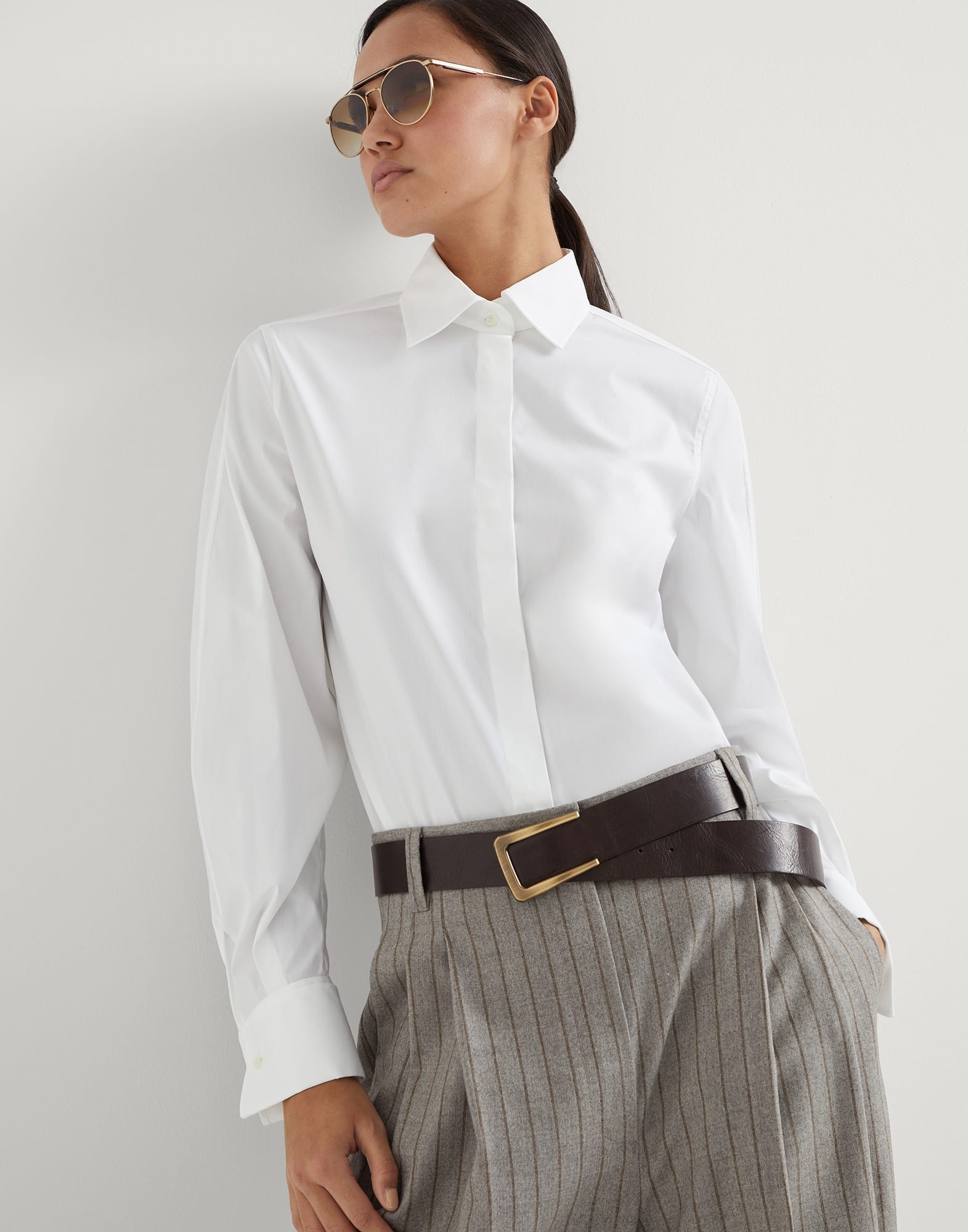 Stretch cotton poplin shirt with monili - 4