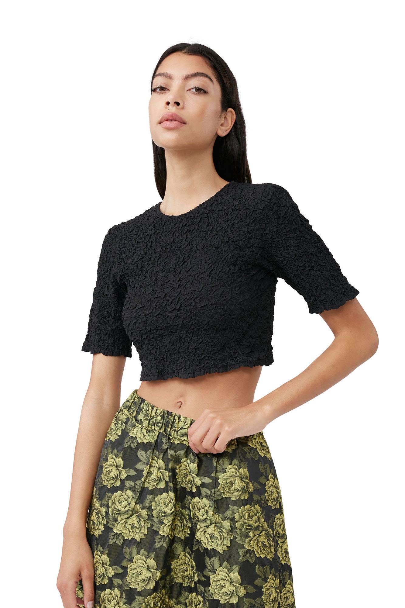 BLACK COTTON POPLIN O-NECK CROPPED SMOCK TOP - 5