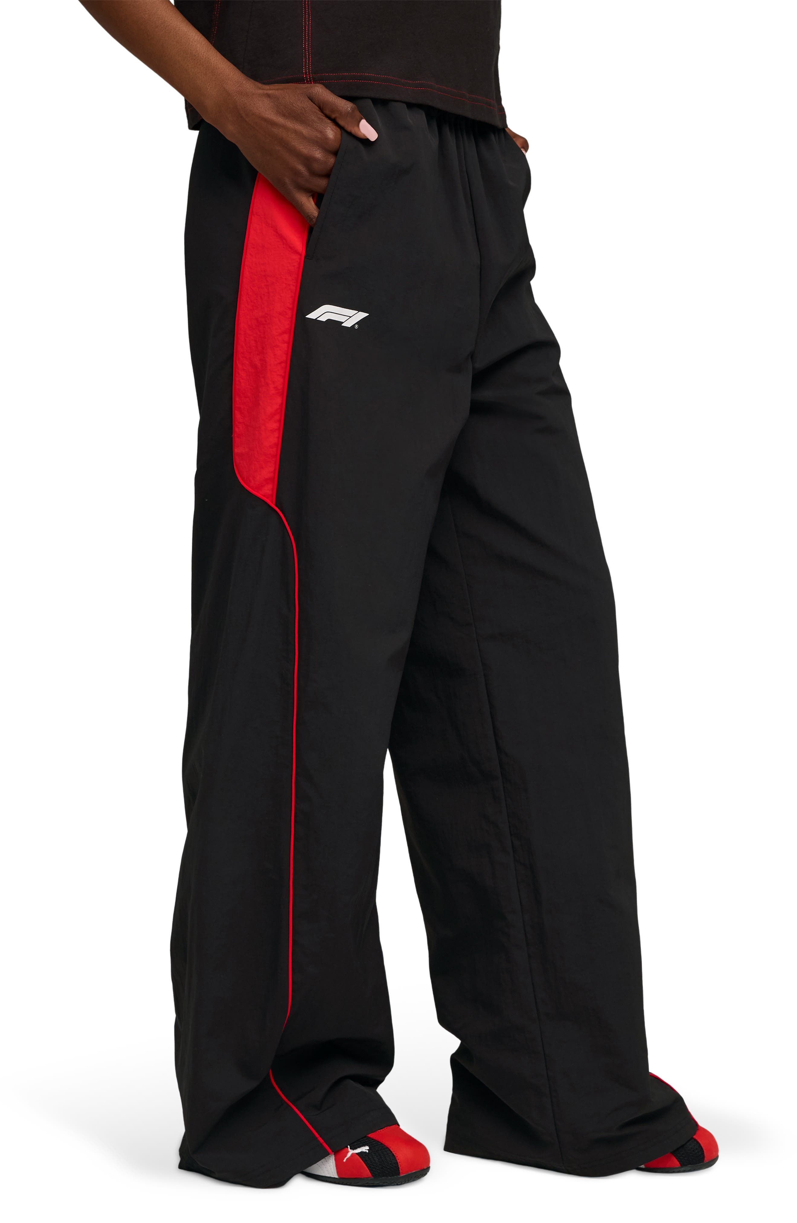 PUMA Formula 1® Woven Nylon Wide Leg Pants in Puma Black at Nordstrom - 1