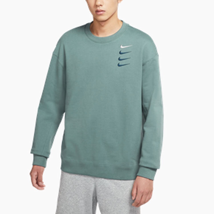 Men's Nike French Terry Swoosh 4 Embroidered Round Neck Sports Pullover Autumn Green DB9408-387 - 4