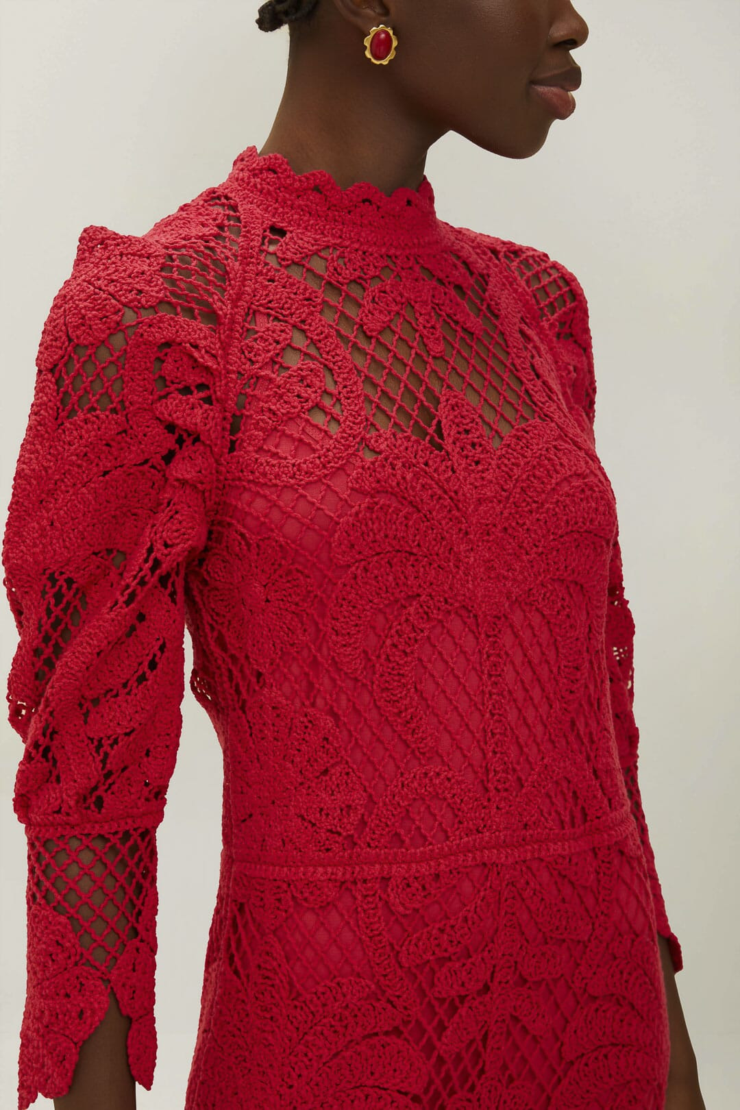 Red Lace Long Sleeve Knit Dress - 2