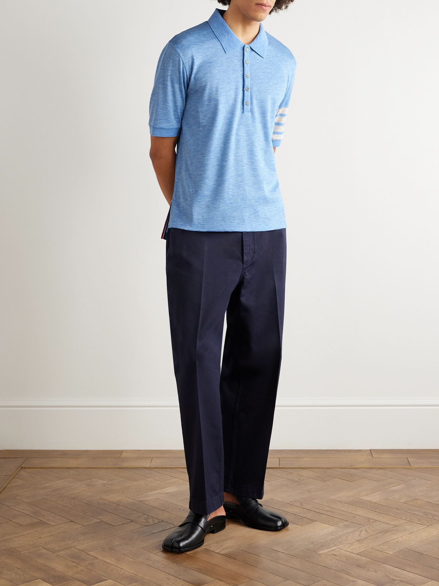 Logo-Appliquéd Striped Wool-Jersey T-Shirt Blue - 2