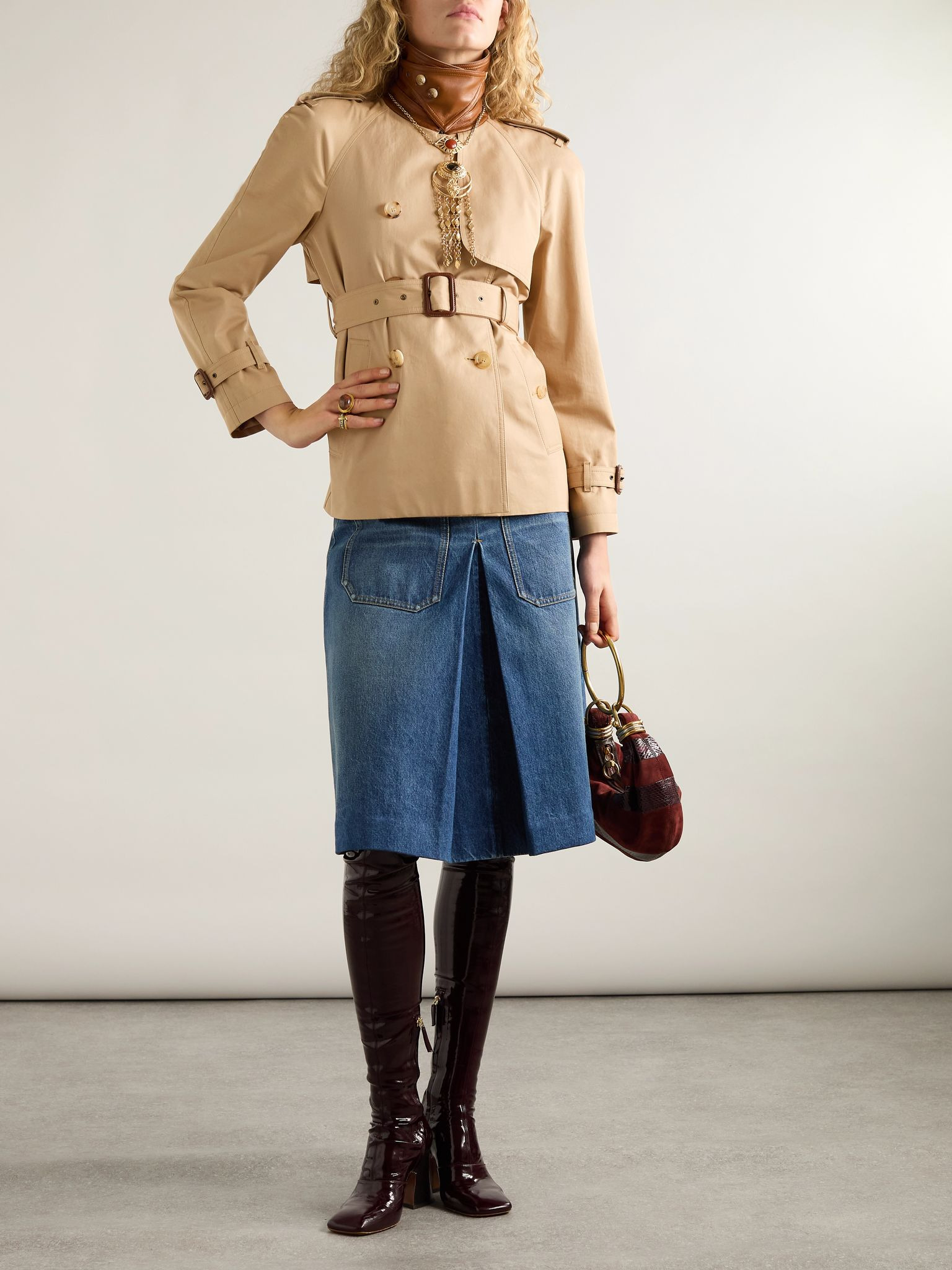 Double-breasted leather-trimmed cotton-gabardine trench coat Light brown - 2