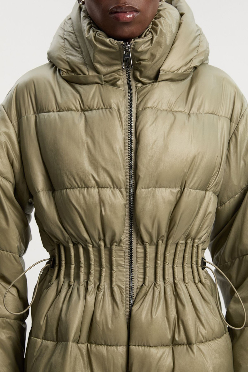 Quilted Drawstring Waist Hooded Rib Cuff Maxi Puffer Coat 3